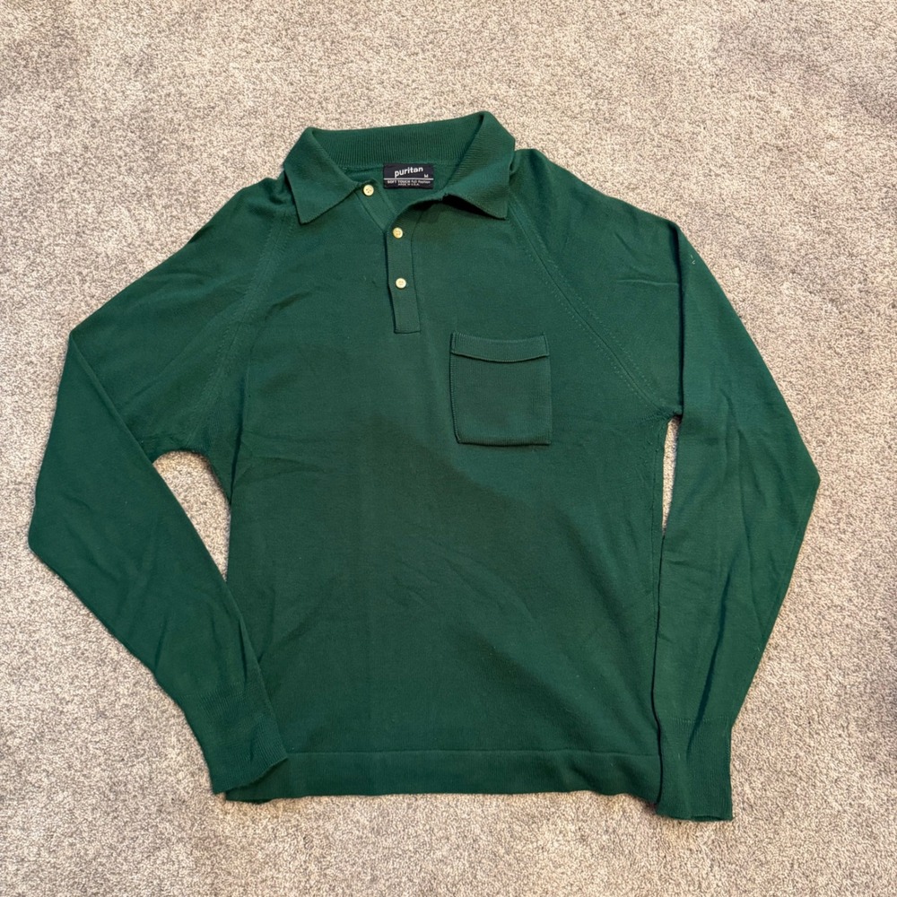 Vintage 70s Puritan Soft Touch Knit Polo Sweater Forest Green Mens M USA Made